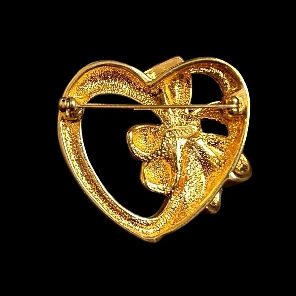 Avon Vintage Heart Gold Tone Ribbon with Clear Rhinestone Accent Brooch Pin